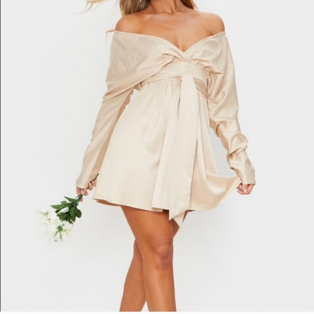 PrettyLittleThing Cream Satin Dress